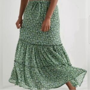 AERIE Garden Party Midi Skirt Rally Green Floral Tiered XXS AE NWT